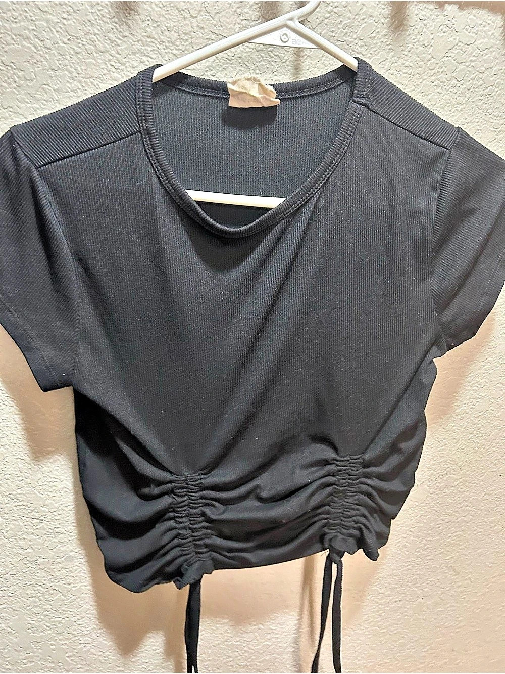 One Step Up Ruched Drawstring Black Top Medium